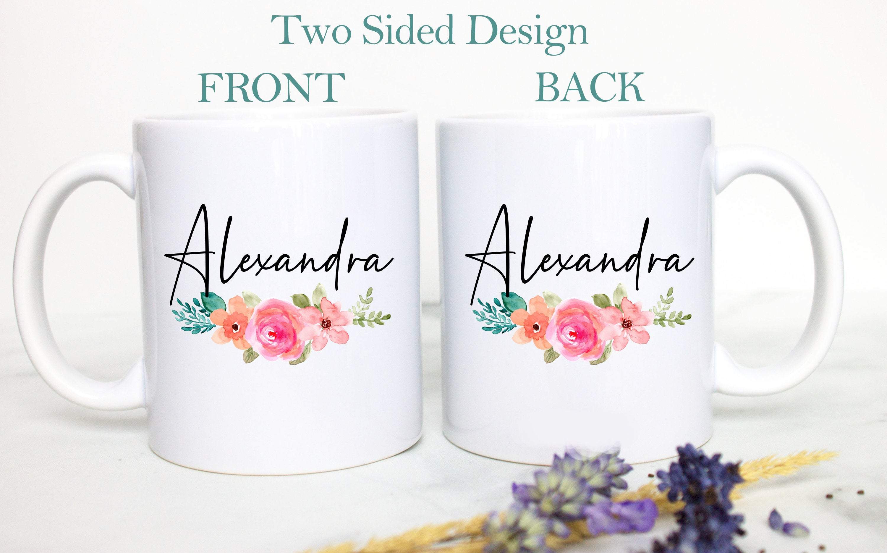 Bright Floral with Custom Name - White Ceramic Mug