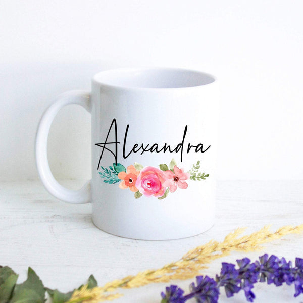 Bright Floral with Custom Name - White Ceramic Mug