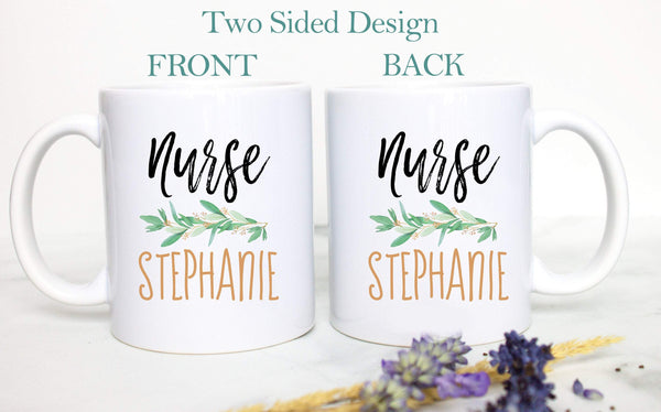 Nurse Greenery Monogram With Custom Name - White Ceramic Mug