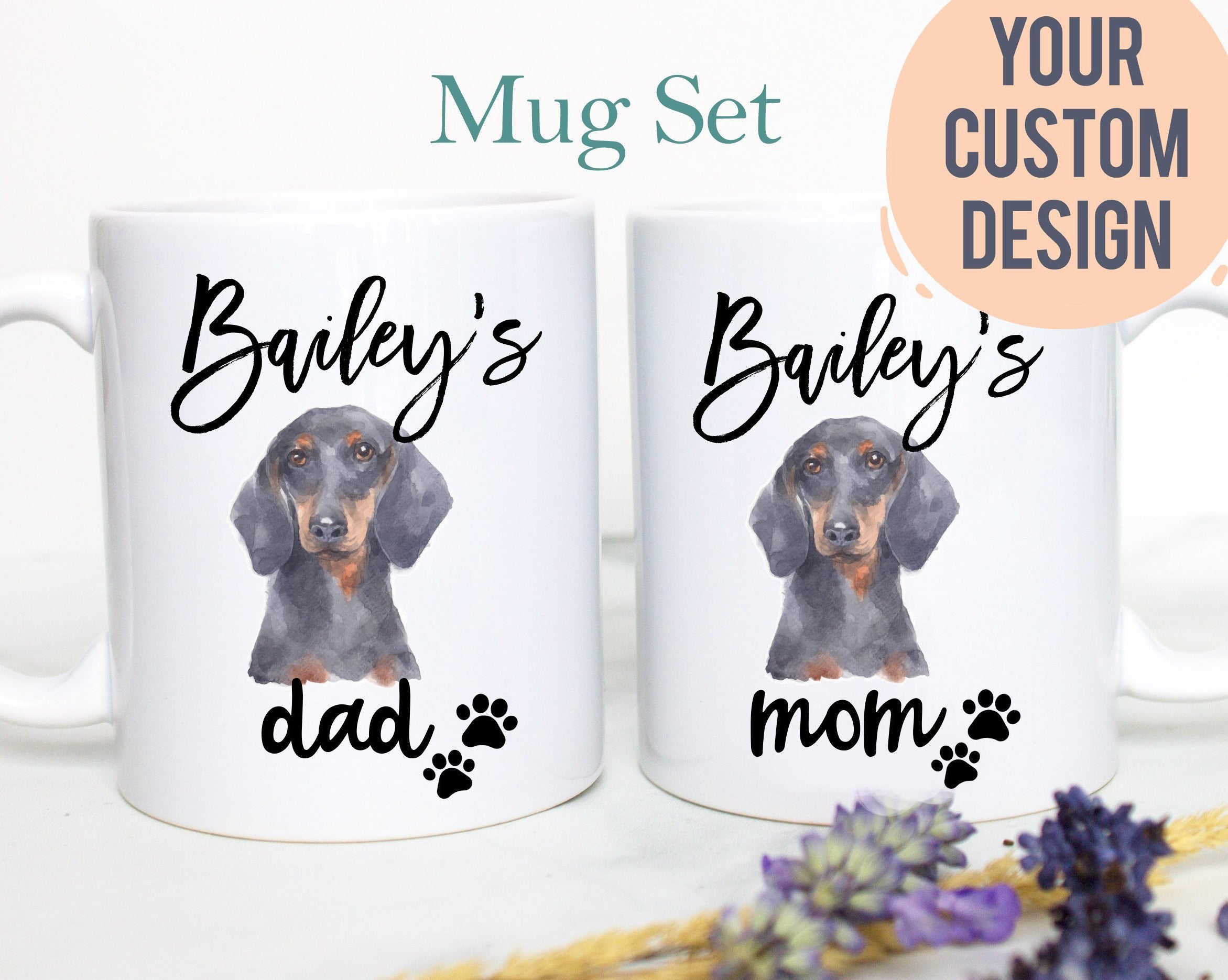 Personalized Dachshund Mom and Dad Individual or Mug Set - White Ceramic Custom Mug