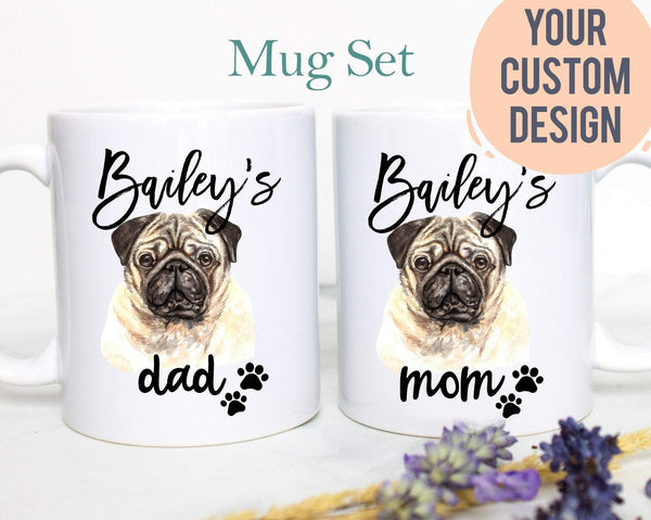 Personalized Pug Mom and Dad Individual or Mug Set - White Ceramic Custom Mug