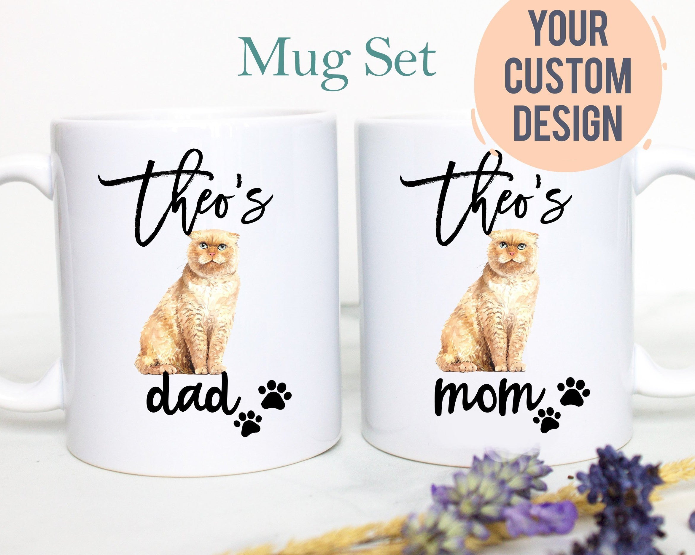 Personalized Scottish Fold Cat Mom and Dad Individual or Mug Set - White Ceramic Custom Mug