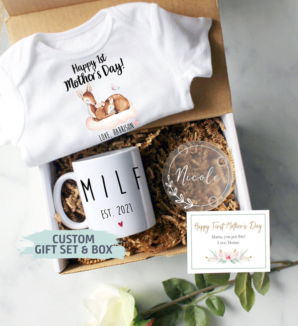 Custom First Mother&#39;s Day Gift Box | Baby Shower Gift, New Mom Gift,MILF Mug, First Time Mom Mug, Happy First Mother&#39;s Day Gift, New Mom Mug