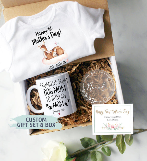 Custom First Mother&#39;s Day Gift Box | Promoted from Dog Mom, New Mom Gift, First Time Mom Mug, Happy First Mother&#39;s Day Gift, New Mom Mug