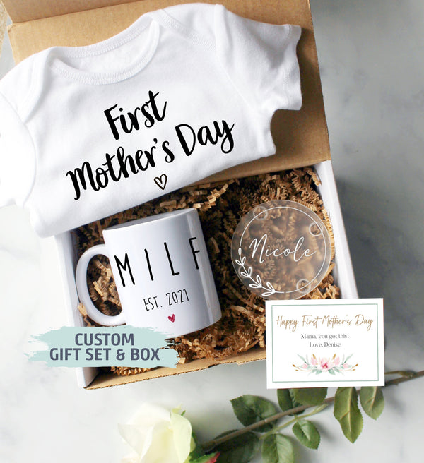 Custom First Mother&#39;s Day Gift Box | Baby Shower Gift, New Mom Gift,MILF Mug, First Time Mom Mug, Happy First Mother&#39;s Day Gift, New Mom Mug