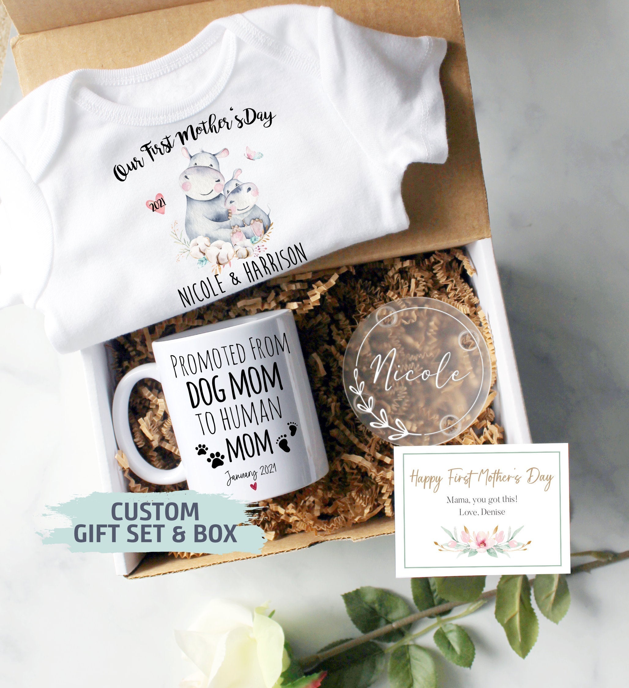 Custom First Mother's Day Gift Box | Promoted Dog Mom, Mom EST, New Mom Gift, First Time Mom Mug, Happy First Mother's Day Gift, New Mom Mug