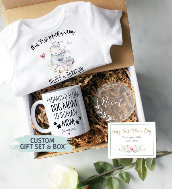 Custom First Mother&#39;s Day Gift Box | Promoted Dog Mom, Mom EST, New Mom Gift, First Time Mom Mug, Happy First Mother&#39;s Day Gift, New Mom Mug