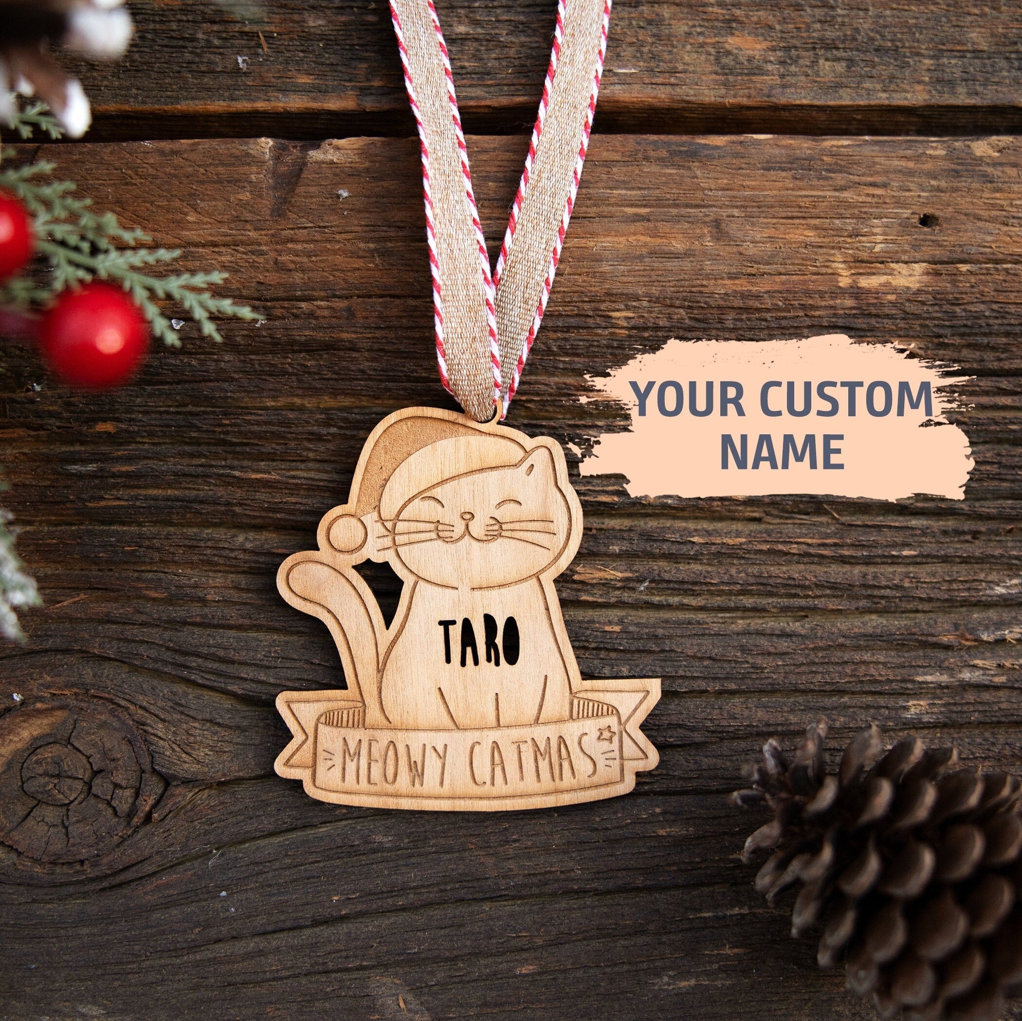 Custom Cat Pet Christmas Ornament | Cat Ornament, Wood Christmas Ornament, Gift for Cat Lover, Cat Name Ornament, Cat Mom, Meowy Catmas