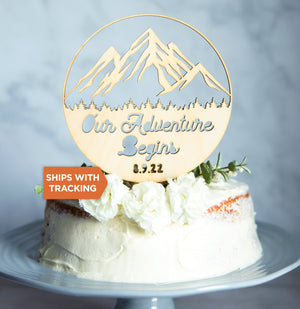 Our Adventure Begins Mountain Cake Topper with Custom Date