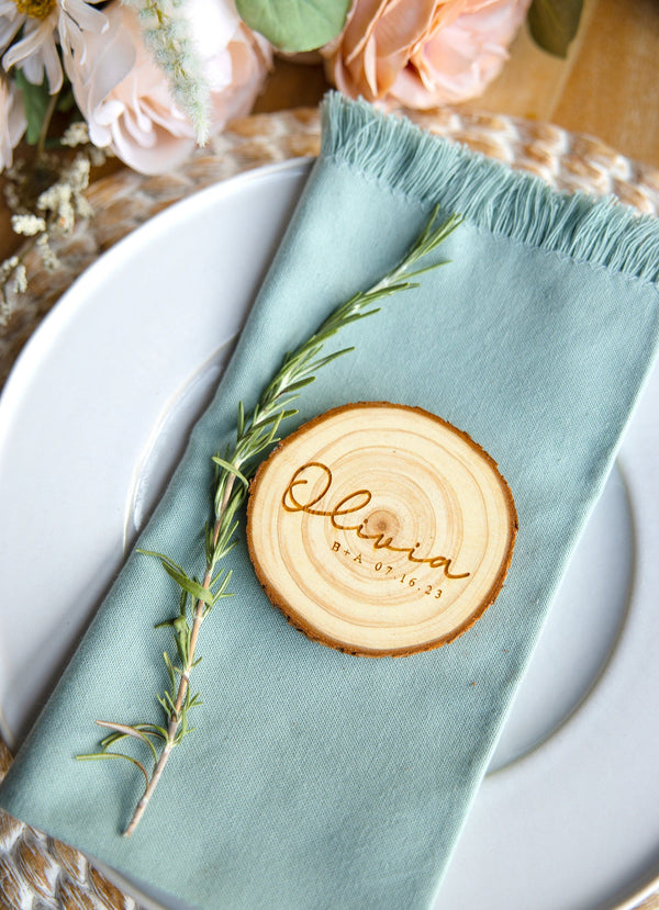 Custom Wood Place Card 3.5-4" | Rustic Wedding Name Place Cards, Engraved Wood Slice Log Name, Rustic Place Name,Wedding Table Place Setting