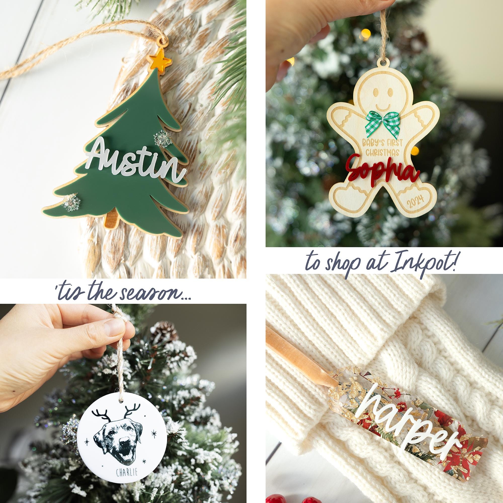 a series of four pictures showing different christmas ornaments