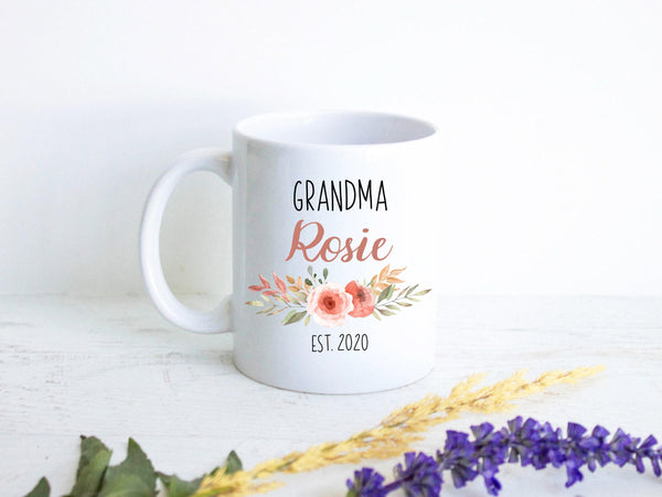 Peach Floral Personalized Grandma Name EST - White Ceramic Mug