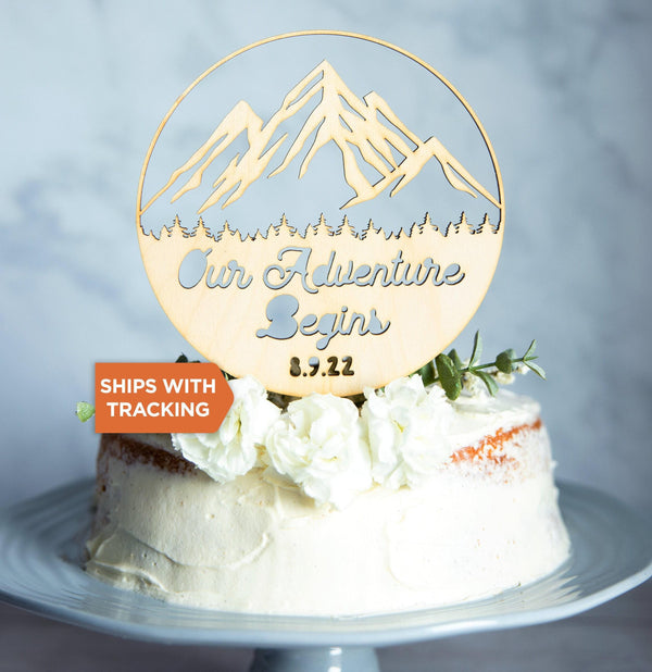 Our Adventure Begins Mountain Wedding Cake Topper