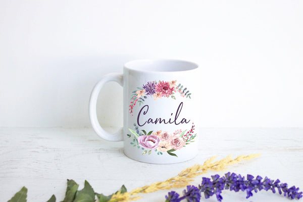 Pink and Purple Floral Wreath with Custom Name - White Ceramic Mug