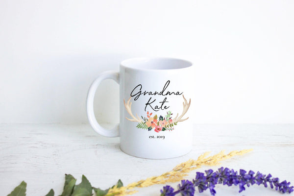 Floral Rustic Personalized Grandma Name Est Light - White Ceramic Mug