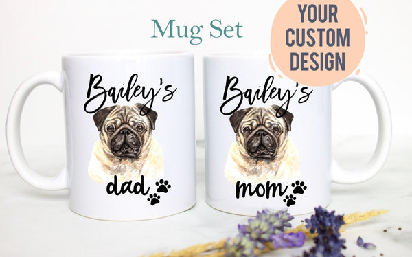 Personalized Pug Mom and Dad Individual or Mug Set - White Ceramic Custom Mug