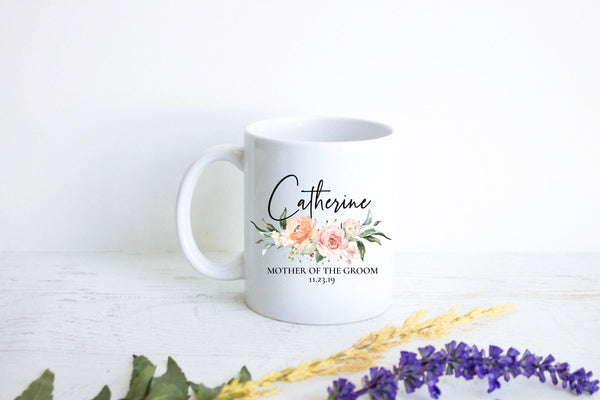 Light Peach Pink Floral Mother of the Groom Custom Name and Date - White Ceramic Mug