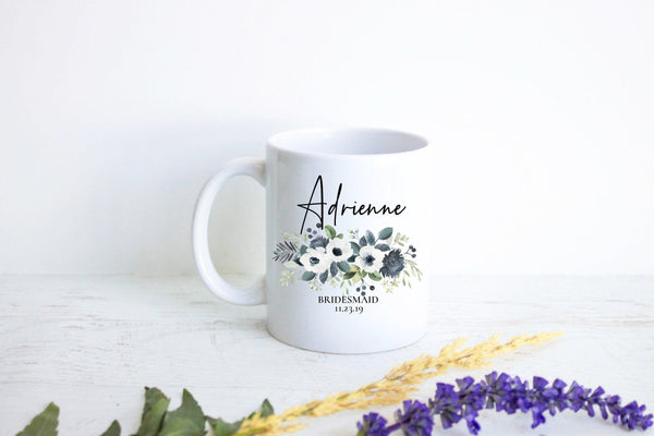 Blue Floral Bridesmaid Custom Name With Date - White Ceramic Mug