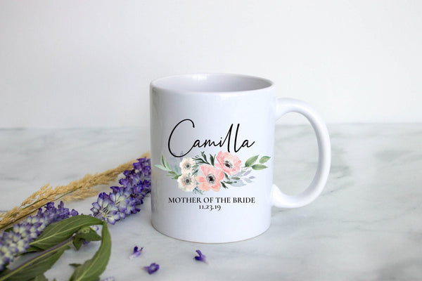 Pink Blush Floral Mother of the Bride Custom Name and Date - White Ceramic Mug
