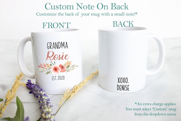 Peach Floral Personalized Grandma Name EST - White Ceramic Mug