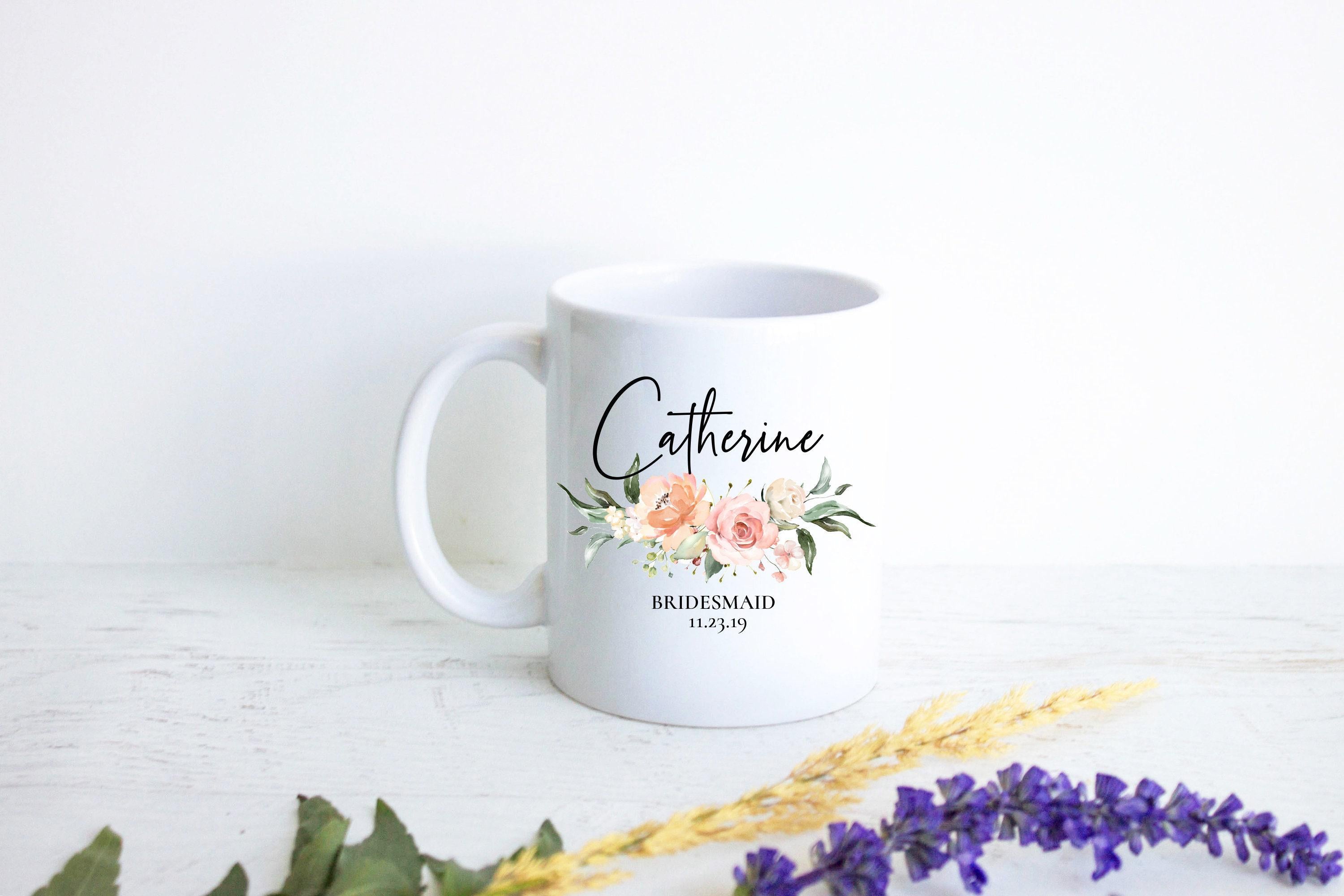 Peach Floral Bridesmaid Custom Name and Date - White Ceramic Mug