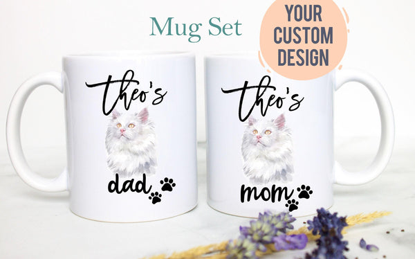 Personalized White Cat Mom and Dad Individual or Mug Set - White Ceramic Custom Mug