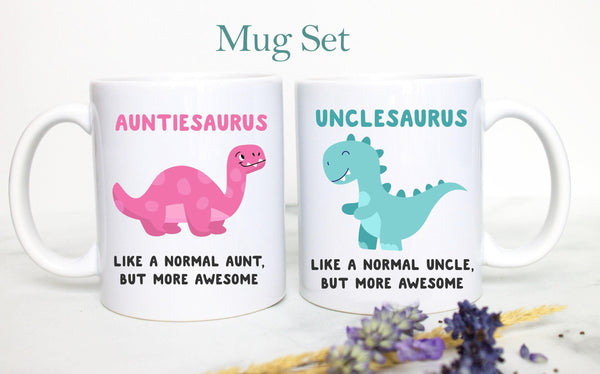 Personalized Auntiesaurus Uncle Individual OR Mug Set, Pregnancy Reveal Custom Gift New Aunt Uncle Custom Baby Announcement Shower New Baby