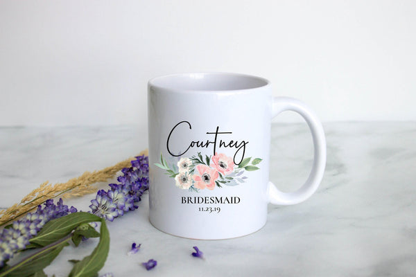 Pink Blush Floral Bridesmaid Custom Name and Date - White Ceramic Mug