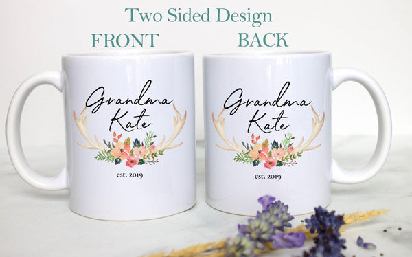Floral Rustic Personalized Grandma Name Est Light - White Ceramic Mug