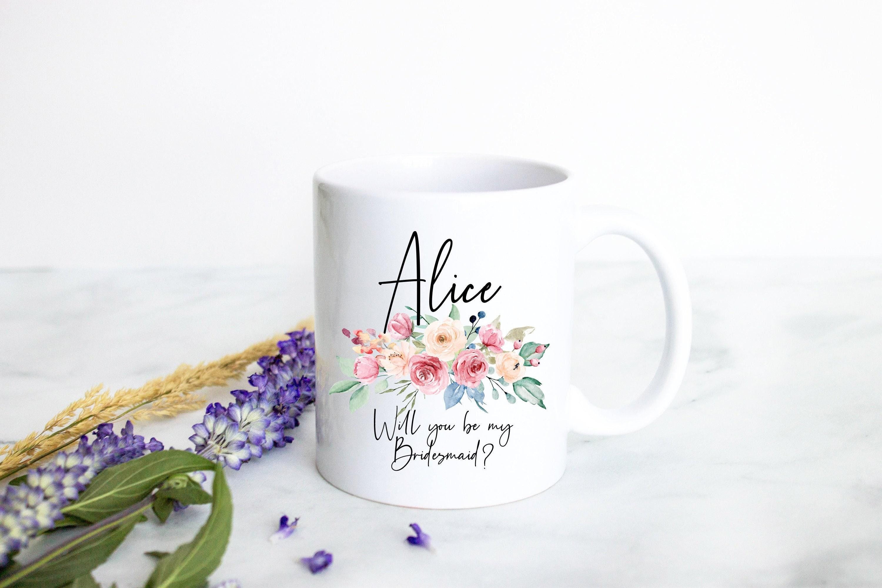 Peach Floral Will You Be My Bridesmaid Custom Name and Date - White Ceramic Mug