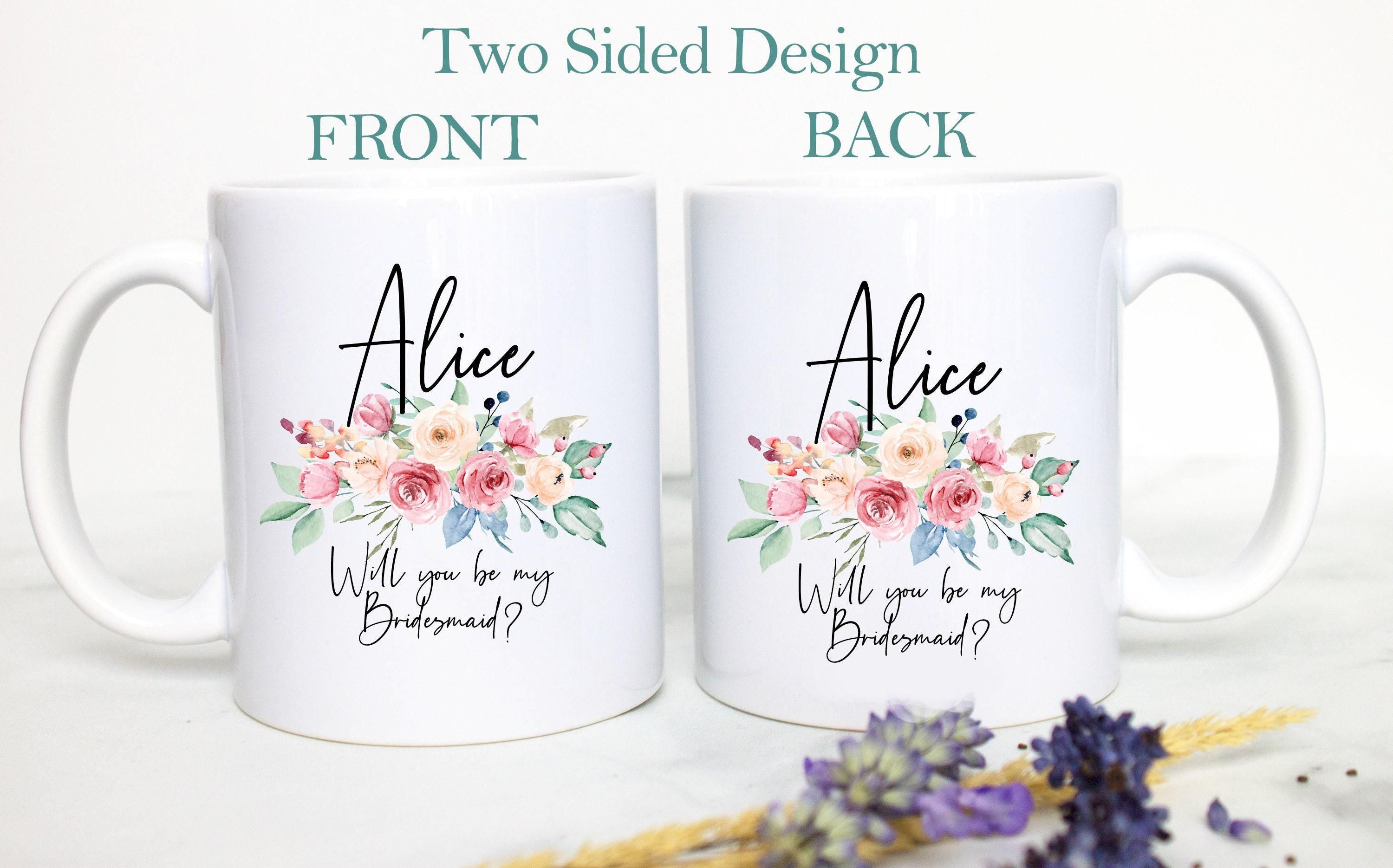 Peach Floral Will You Be My Bridesmaid Custom Name and Date - White Ceramic Mug