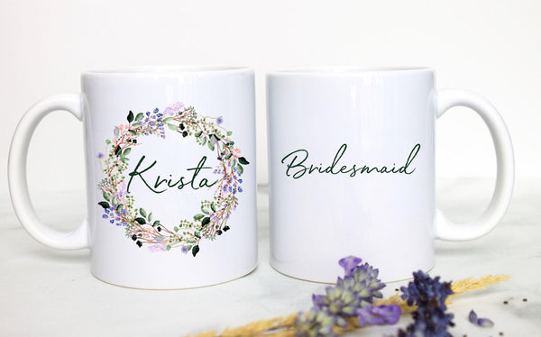 Wildflower Lavender Floral Bridesmaid Custom Name - White Ceramic Mug
