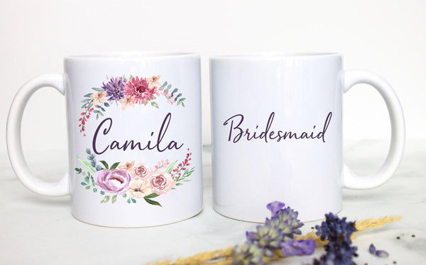 Purple Pink Floral Bridesmaid Custom Name - White Ceramic Mug