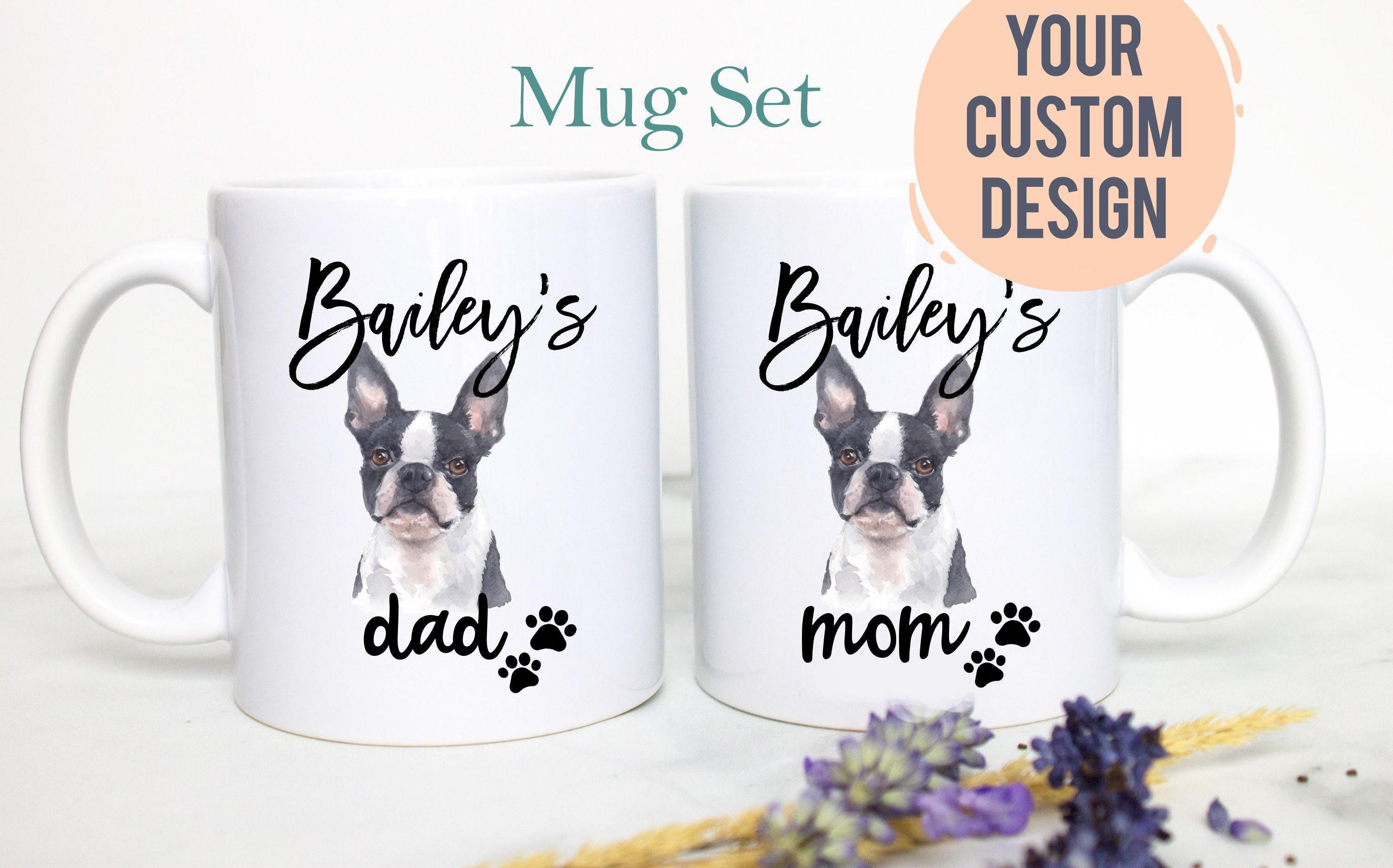 Personalized Boston Terrier Mom and Dad Individual or Mug Set - White Ceramic Custom Mug