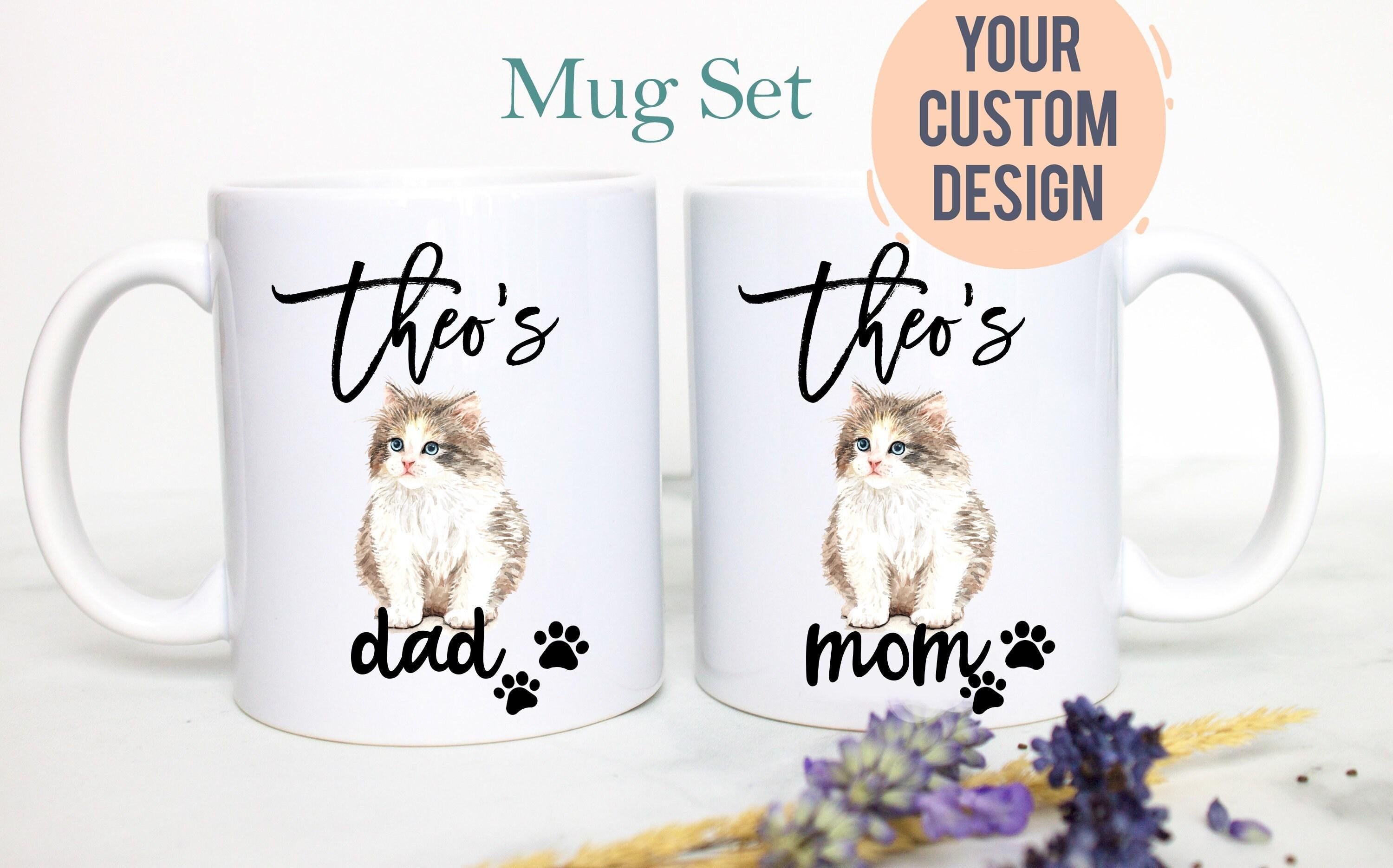 Personalized Tabby Kitten Mom and Dad Individual or Mug Set - White Ceramic Kitten Custom Mug