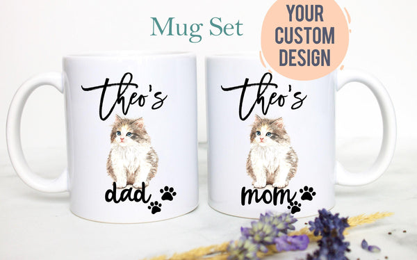 Personalized Tabby Kitten Mom and Dad Individual or Mug Set - White Ceramic Kitten Custom Mug
