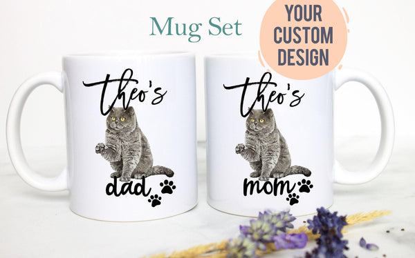 Personalized Grey British Shorthair Cat Mom and Dad Individual or Mug Set - White Ceramic Custom Mug