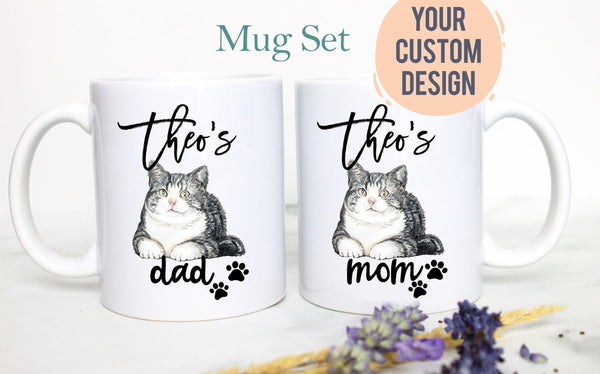 Personalized Tabby Cat Mom and Dad Individual or Mug Set- White Ceramic Custom Mug