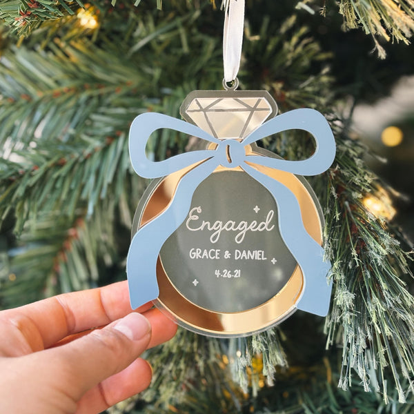 First Christmas Engaged Coquette Bow Ornament 2025 | Custom Engagement Ring Keepsake, Couples Ornament Gift, First Christmas Engaged