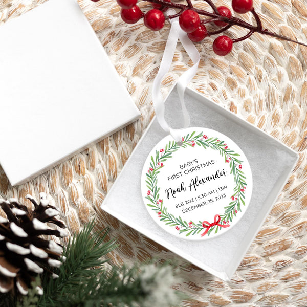 Custom Baby's First Christmas Ornament 2025 | Ceramic Baby Birth Stat Ornament New Mom Gift, Baby's First Holiday Gift, New Baby Keepsake
