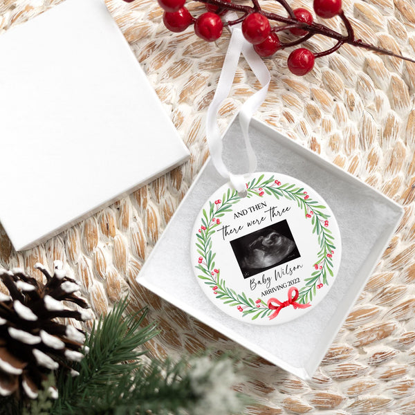 Personalized Expecting Baby Ornament 2025 | And Then There Were Three, Ceramic Sonogram Baby's First Christmas Ornament, New Baby Ornament