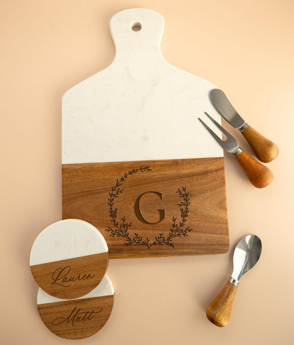 Personalized Marble Wood Cutting Board, Custom Engraved Charcuterie Board, Wedding Gift, Housewarming Gift, Coasters, Cutlery