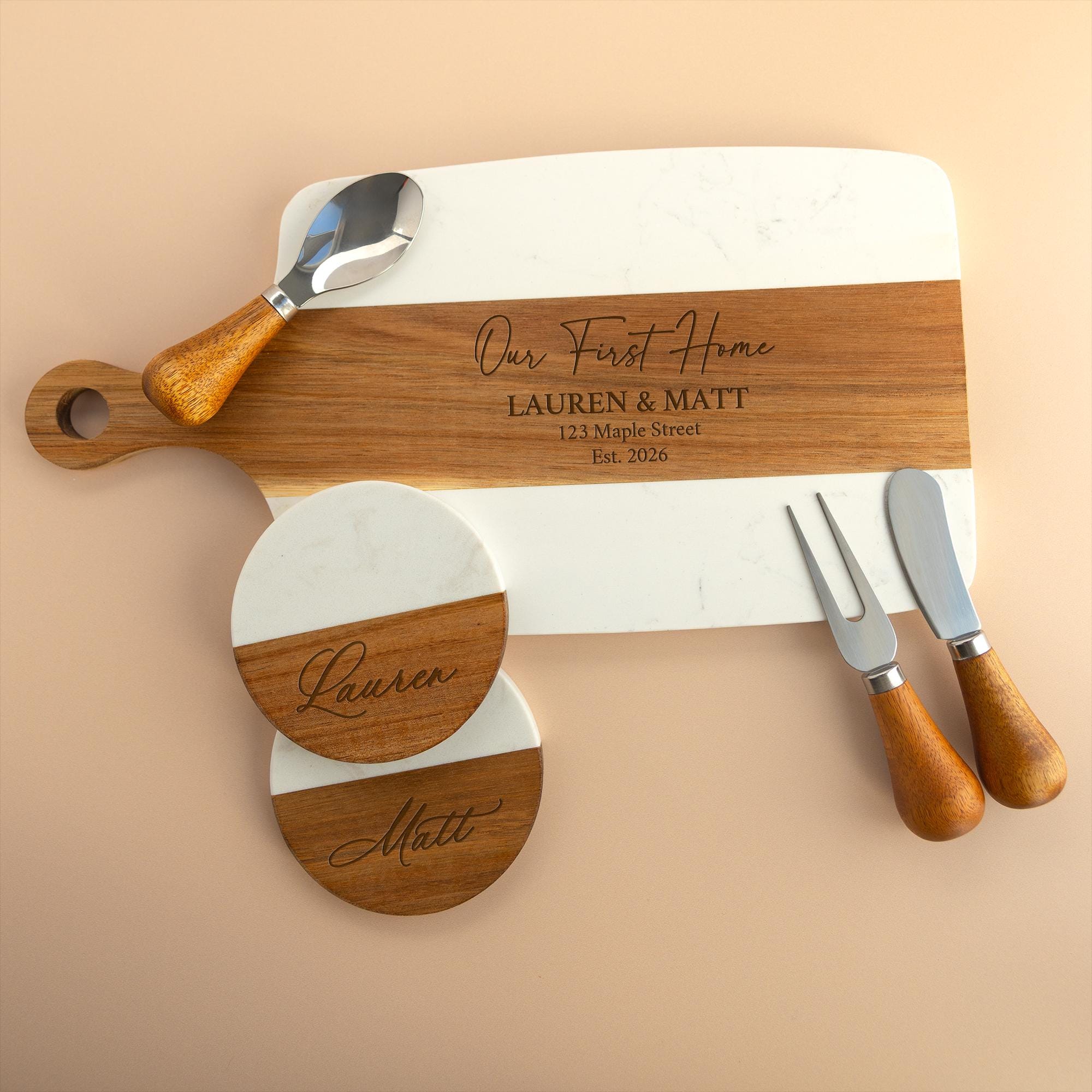 First Home Gift Personalized Charcuterie Board, Realtor Closing Gift, Custom Housewarming Cutting Board, Marble Wood Engraved Board
