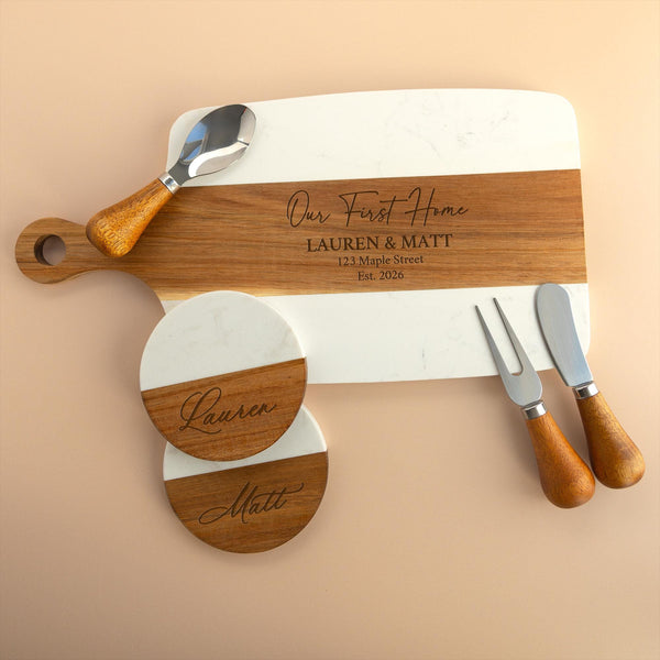 First Home Gift Personalized Charcuterie Board, Realtor Closing Gift, Custom Housewarming Cutting Board, Marble Wood Engraved Board