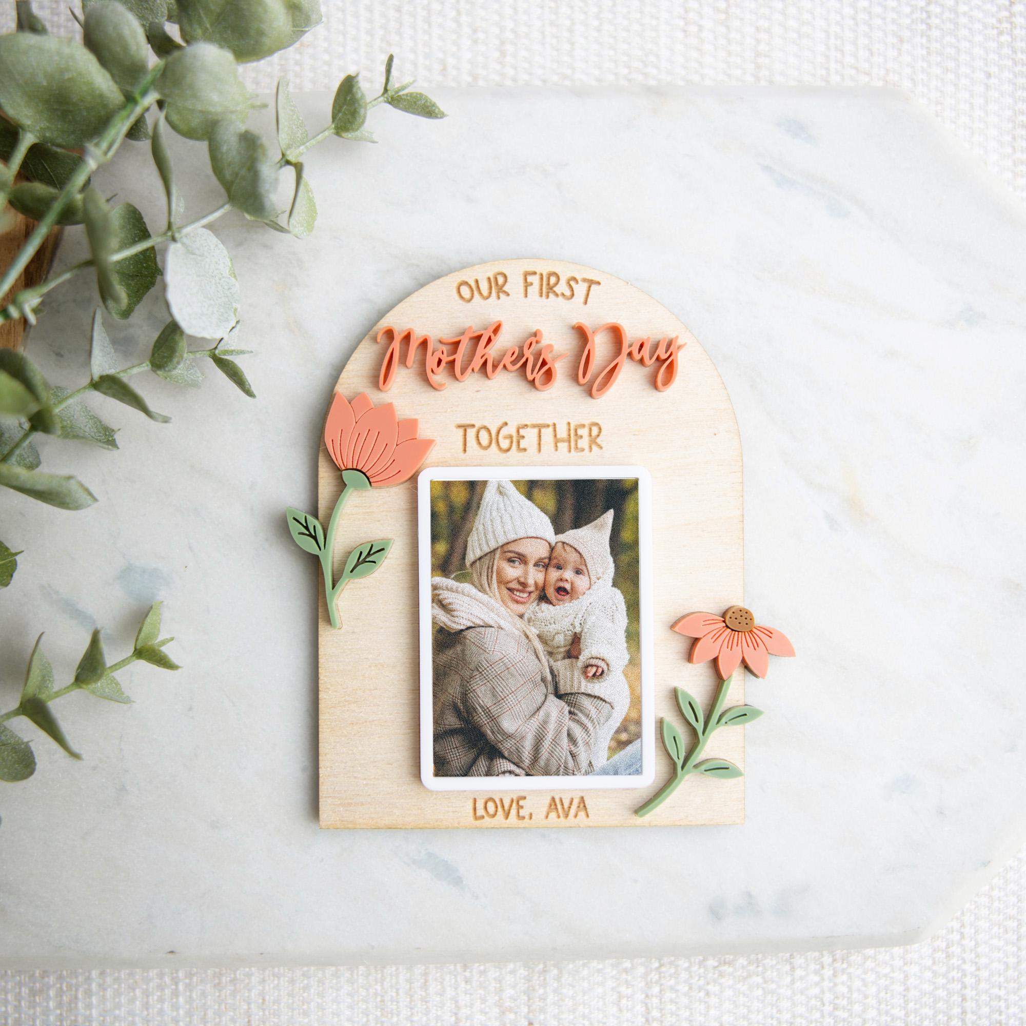 First Mothers Day Gift, New Mom Gift, Personalized Photo Magnet, Baby First Mother's Day, Floral Magnet, Wood Acrylic Magnet