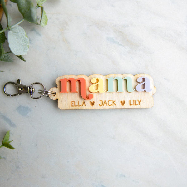 Personalized Mama Keychain, Custom Mom Keyring with Kids Names, Mother's Day Gift for Mom, Wooden Name Keychain Gift