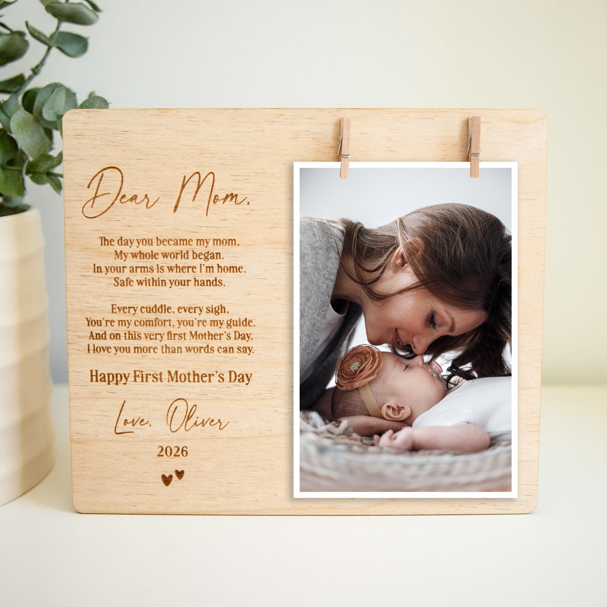 First Mothers Day Gift, Personalized Engraved Photo Frame, New Mom Gift from Baby, Custom Wood Frame, First Mothers Day Keepsake