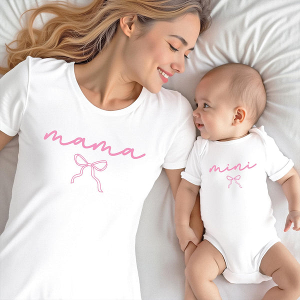 Mama Mini Matching Shirts, Mom and Baby Outfit Set, Pink Bow Mama Shirt Baby Onesie, Mommy and Me Matching Set, New Mom Gift