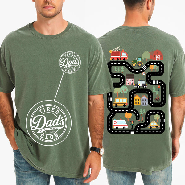 Tired Dads Club Shirt, City Road Track Dad Tee, Police Car Ambulance School Bus Design, Comfort Colors® Funny Dad Gift
