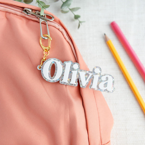 Personalized Backpack Name Tag, Kids Name Keychain, Custom Acrylic Bag Tag, Glitter Backpack Charm, Lunch Box Daycare Bag Tag
